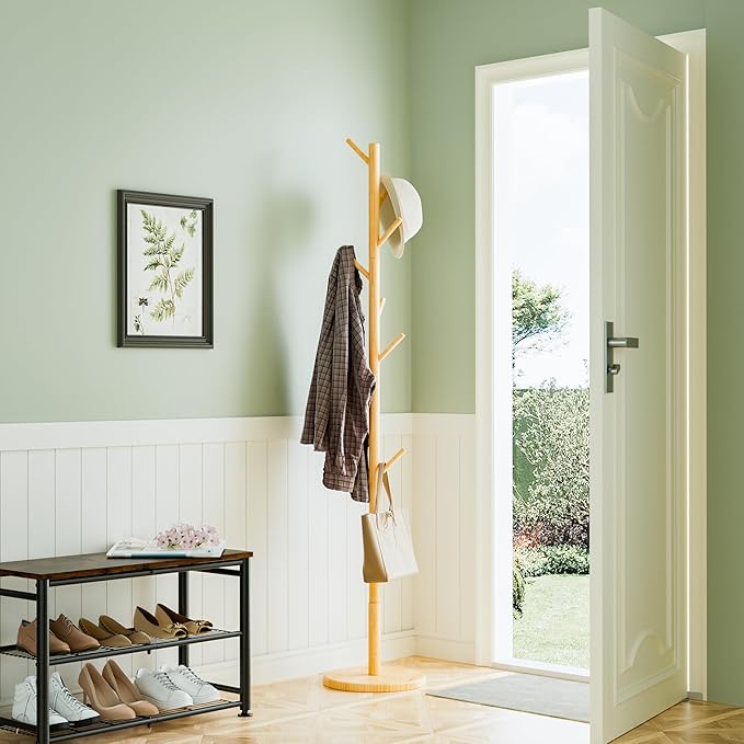 Wooden Coat Rack Freestanding with Round Base, Adjustable 4 Heights Sturdy Coat Hanger Stand 9 Hooks for Hanging Bags, Hats, Save Space Coat Tree for Narrow Place, Entryway, Bedroom, Office (Natural)-DeskLoop Office