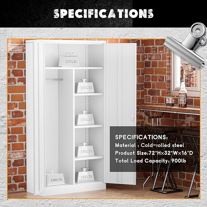 Greenvelly Metal Storage Cabinet with 2 Doors, White 72” Steel Storage Wardrobe Cabinet, Employees Locker Closet Clothing Coat Steel Wardrobe Cabinet with Hanging Rod for Garage, Gym, Home Office-DeskLoop Office