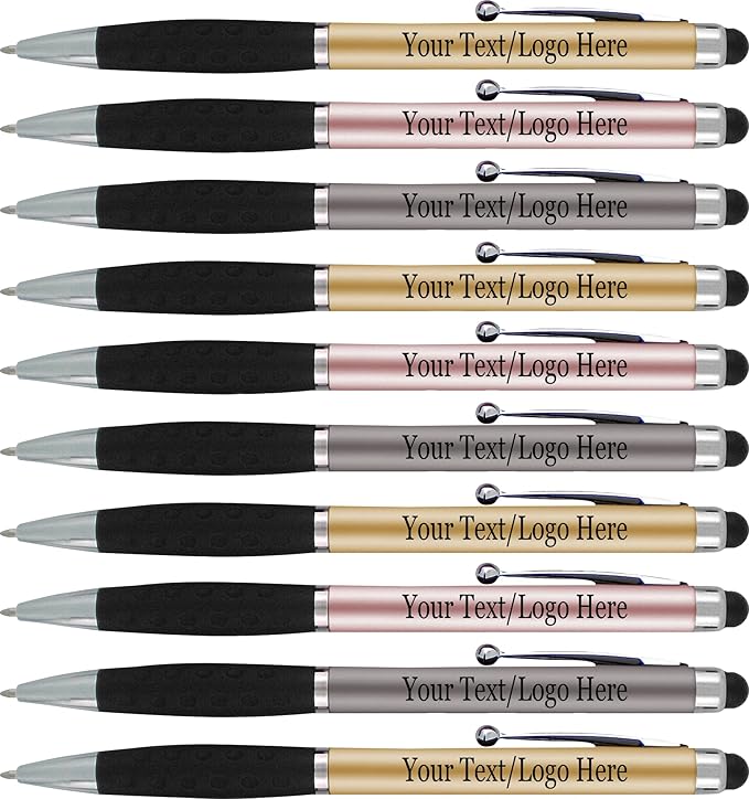 Personalized Pens With your Custom Logo or Text-600 Pack Bulk-for Businesses, Parties, and Events, 2 in 1 Ballpoint Pen & Stylus for Touchscreen Devices, Light Assorted Barrels, Black Ink-DeskLoop Office