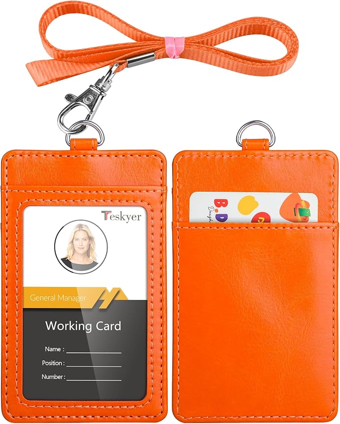 Teskyer Badge Holder with Lanyard, Leather ID Name Badge Card Holder with by TESKYER