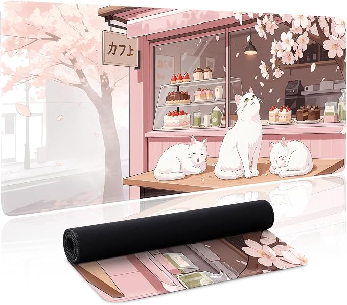 Pink Cute Cat Gaming Mouse Pad Large Desk Mat Extended Keyboard Mouse Pad Anime by Unknown