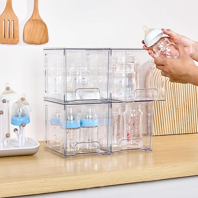 Vtopmart 4 Pack Stackable Storage Drawers, 6.6''Tall Acrylic Bathroom Makeup Organizers,Clear Plastic Drawers For Vanity, Undersink, Kitchen Cabinet,Pantry Organization and Storage-DeskLoop Office