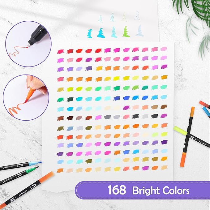 168 Colors Brush & Fine Dual Tip Watercolor Markers Set for Kids Adults Coloring Books No Bleeding Paint Pens For Drawing Note taking Planner Calligraphy Journaling Card Making Art Supplies-DeskLoop Office