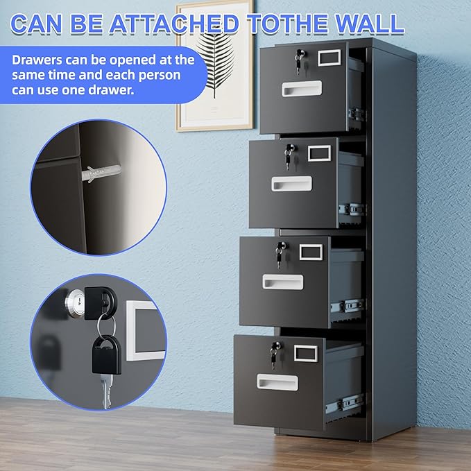 4 Drawer File Cabinet, Metal Vertical Filing Cabinet with 4 Lock,Office Home File Cabinet with Name Card Holder for A4 Letter/Legal Size, 14.96" W x 17.72" D x 55.2" H, Assembly Required(Black)-DeskLoop Office