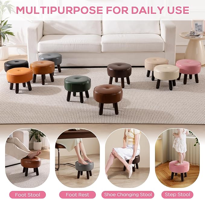 Small Foot Stool Round Pouf Ottoman, 13'' Leather Foot Rest with Non-Skid Rubber Legs, Foolstool Ottomans for Couch, Sofa Footrest Step Stool for Living Room Bedroom Entryway Office, Pink-DeskLoop Office
