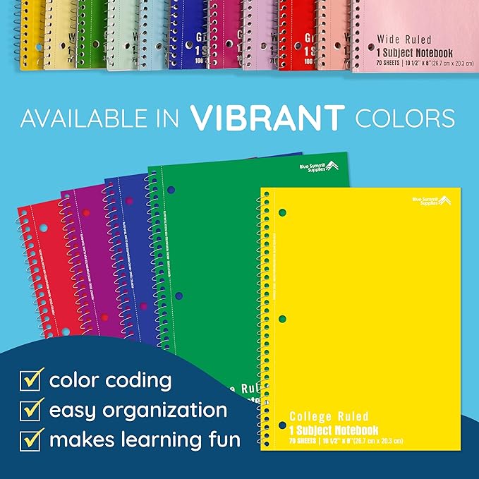 Blue Summit Spiral Notebooks Bulk, One Subject Spiral Notebook College Ruled, Perforated Notebook, 8 x 10.5 for Work and School, Paper, College Ruled, Bulk 48 Pack-DeskLoop Office
