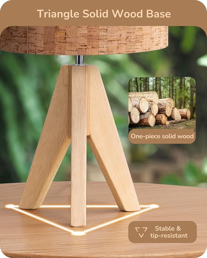 EDISHINE Small Table Lamp, Wooden Tripod Nightstand Lamp - Image 2