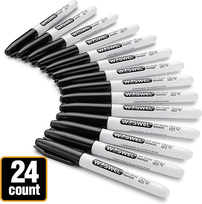 WOSWEL Dry Erase Markers, 24 Pack Black Fine Tip Whiteboard Markers, Round - Image 4