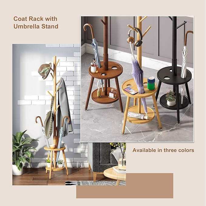 FILWH Freestanding Coat Rack with Umbrella Organizer Tray Bamboo Coat Tree Rack with 8 Hook Stand for Clothes Bag Hats Entryway Hanger Stand(Nature)-DeskLoop Office