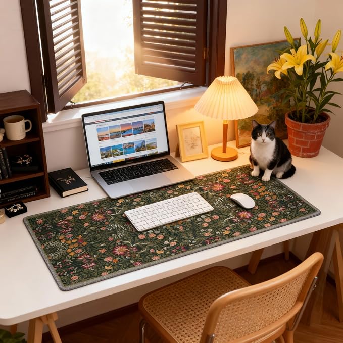 Dark Green Floral XXL Desk Mat, Extra Large Mouse Pad - Image 3
