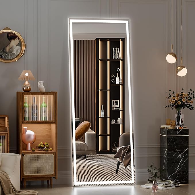 Hasipu Full Length LED Mirror with Lights, 56" x 18" Floor Standing or Wall Hanging Mounted, Full Body Dressing Mirror, Dimmable Tempered Glass, Square White-DeskLoop Office