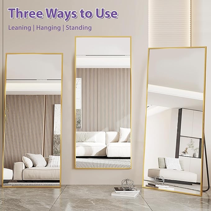 Full Length Mirror, 76"x34" Oversized Floor Mirror Freestanding, Full Body Mirror Floor Standing Mirrors with Stand, Hanging Mounted Mirrors for Bedroom Living Room, Gold, Rect Style-DeskLoop Office