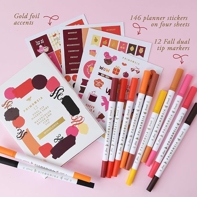 Primrosia 12 Dual Tip Watercolor Marker Pens - Fine Tip & Brush Tips, Professional Quality, 4 x Sticker Sheets, Blendable, Non-Toxic, Perfect for Calligraphy, Drawing & Coloring. (Woodlands)-DeskLoop Office