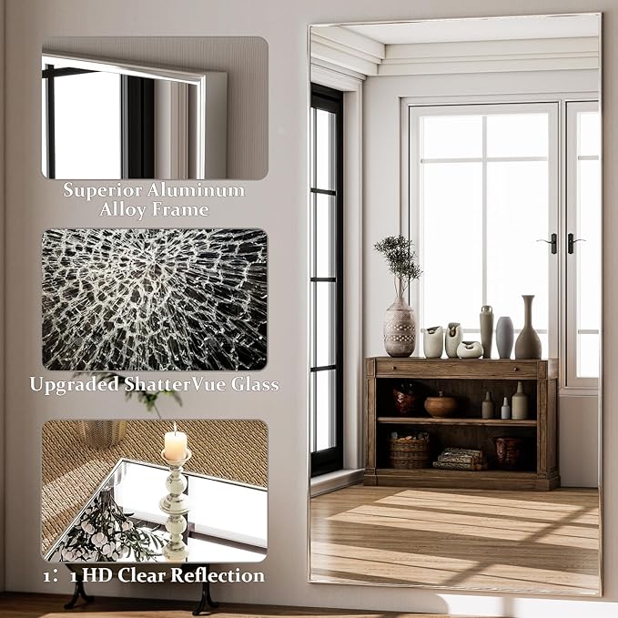GLSLAND 76"x34" Full Length Mirror Extra Large Hanging or Leaning Rectangle Mirror Aluminum Alloy Thin Frame Bedroom Floor Dressing,Silver-DeskLoop Office
