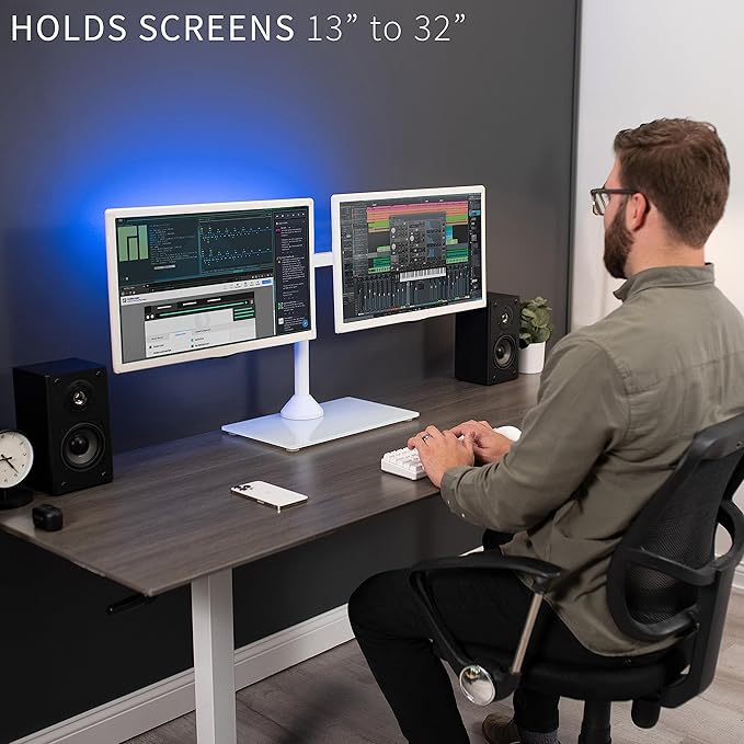 VIVO Freestanding Dual Monitor Stand with Sleek Glass Base and Adjustable Arms, Mounts 2 Screens up to 32 inch and 22 lbs Each, White, STAND-V002FGW-DeskLoop Office