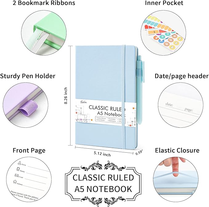feela 5 Pack Notebooks Journals Bulk, Hardcover Classic Ruled Lined Journals with Pen Holder for Women Girls School Business Supplies, with 5 Black Pens, 120 GSM, 5.1”x8.3”, A5, Pastel Colors-DeskLoop Office