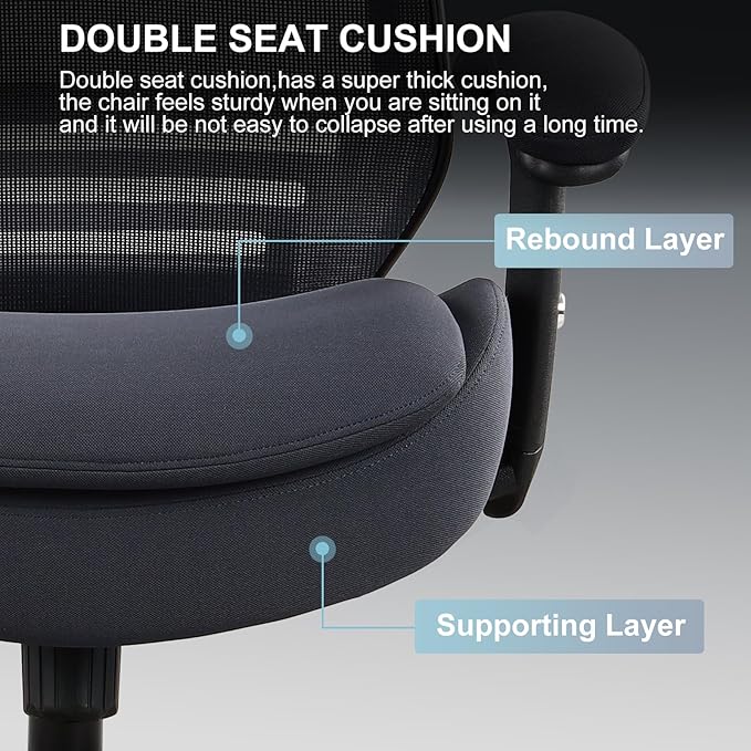 400lbs Ergonomic Office Chair with Double Seat Cushion and Soft Armrests for Executive Computer Desk with Built-in Lumbar Support(Gray)-DeskLoop Office