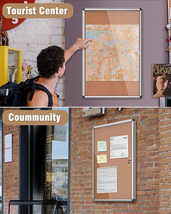 36"x24" Enclosed Bulletin Board, Lockable Weather-Resistant Aluminum Cork Noticeboard for School & Office, Silver Frame w/Cork-DeskLoop Office