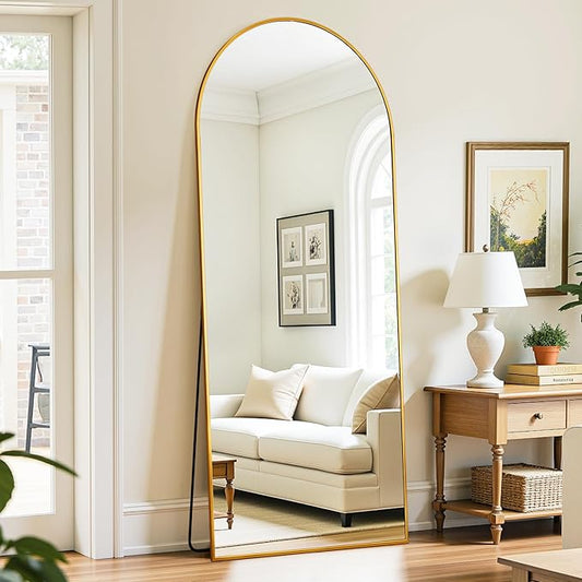 Full Length Mirror, 59"x18" Oversized Floor Mirror Freestanding, Full Body Mirror Floor Standing Mirrors with Stand, Hanging Mounted Mirrors for Bedroom Living Room, Gold, Arched Style-DeskLoop Office