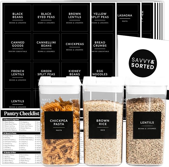 SAVVY & SORTED Black Labels for Containers, 180 Kitchen Labels for Food Storage by SAVVYSORTED%C2%AE