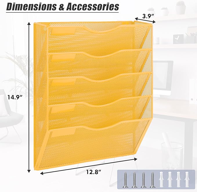 EASEPRES 5 Pocket Mesh Hanging Wall File Organizer, Wall Mounted Mail Paper Document Folder Holder, Clipboard Storage Organization Magazine Rack with Nametag Label for Office Home School, Yellow-DeskLoop Office