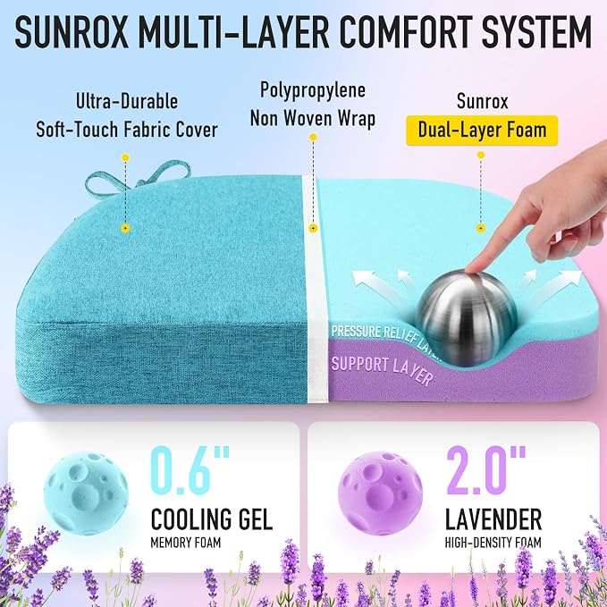 SUNROX Cooling Gel Memory Foam Chair Cushions, 2.6" Thick U-Shaped Dual-Layer - Image 2
