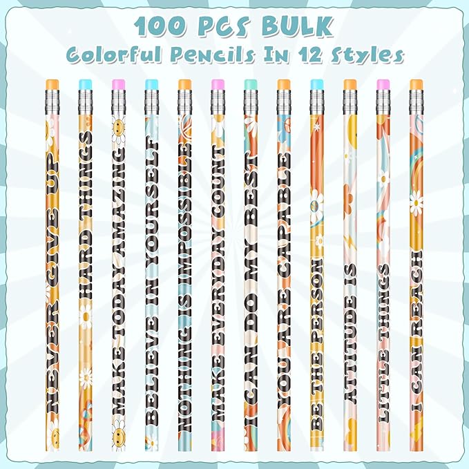 100 Pcs Retro Motivational Pencils Bulk, Inspirational School Pencils for Classroom, Cute Wood Pencils with Encourage Positive Saying, Back to School Supplies for Kids Student Teacher Classroom Reward