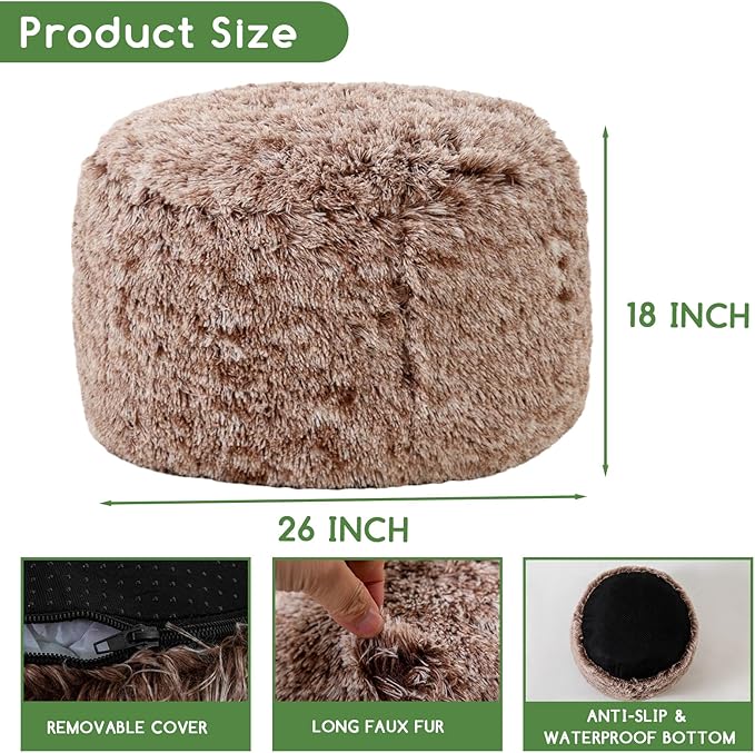 HIGOGOGO Round Stuffed Pouf Ottoman, Long Faux Fur Poufs with Foam Chunk Filling, Fluffy and Furry Pouf Foot Stool Storage Ottoman, 26 X 18 Floor Poufs Foot Rest for Living Room,Coffee-DeskLoop Office