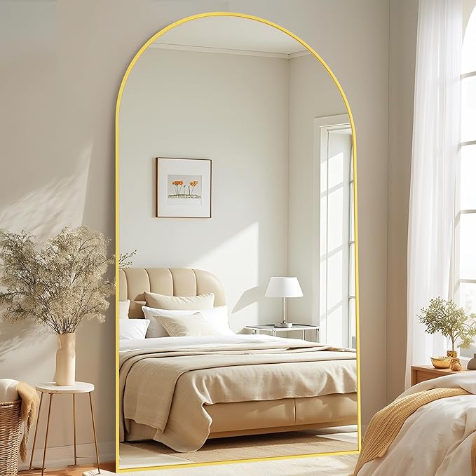 Full-Length Floor Mirror with Stand, 81"x41" Arched Style Full Body Standing Mirror for Bedroom, Living Room, Gym, Dorm - Shatter-Resistant & Easy Assembly, Gold-DeskLoop Office