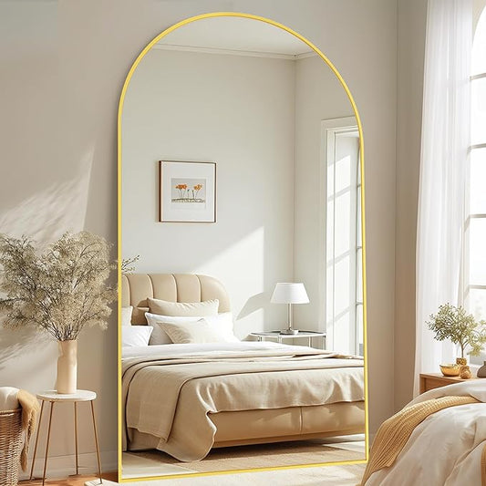 Full-Length Floor Mirror with Stand, 81"x41" Arched Style Full Body Standing Mirror for Bedroom, Living Room, Gym, Dorm - Shatter-Resistant & Easy Assembly, Gold-DeskLoop Office