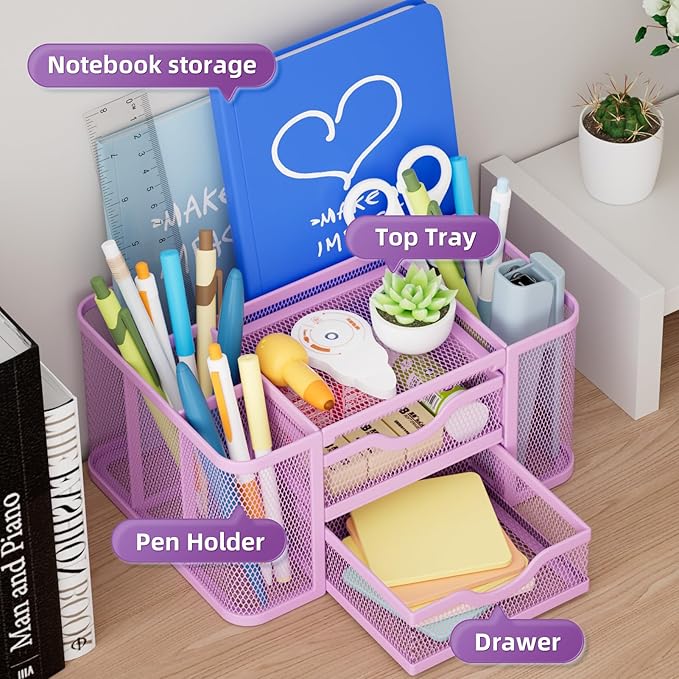 Marbrasse Mesh Desk Organizer, Pen Holder with 2 Drawer, Multi-Functional Pencil Holder, Desk Organizers and Accessories with 5 Compartments + Drawer for Office Art Supplies (Purple)-DeskLoop Office