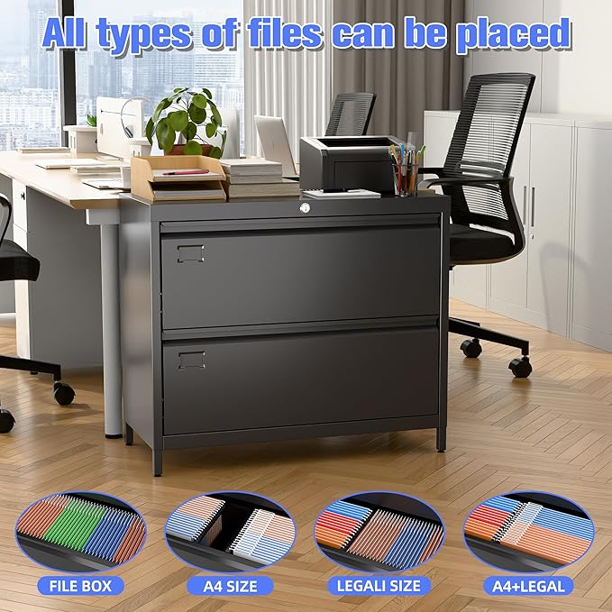 Metal 2 Drawer Lateral File Cabinet with Lock & Adjustable Feet - Wide Filing Cabinet for Letter/Legal/F4/A4 Hanging Files - Includes Business Card Holder,Home Office School Storage,Black-DeskLoop Office