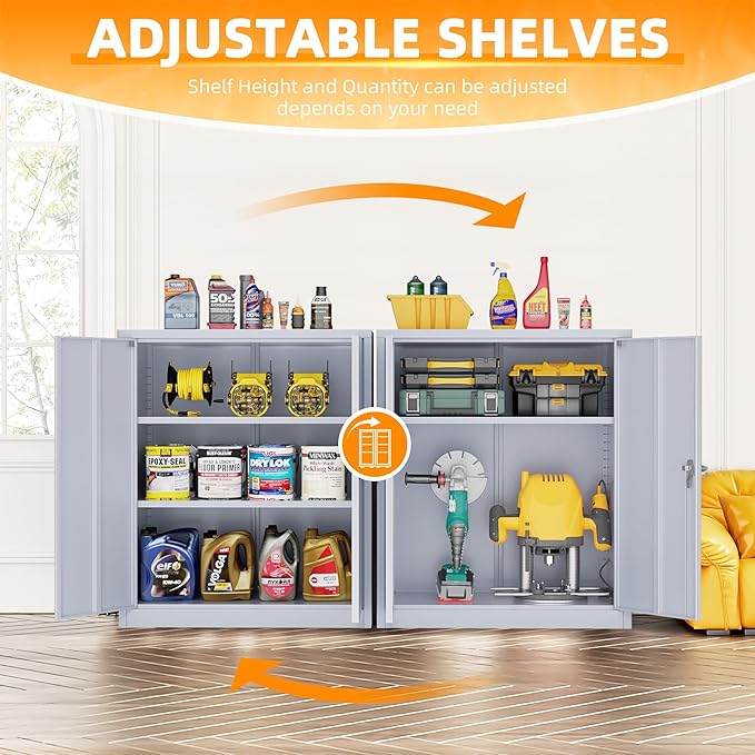 INTERGREAT Metal Cabinet with Lock, Lockable Metal Storage Cabinets with Doors and Shelves for Garage, Cement Grey Locking Garage Storage Cabinets 36"×32"×16"-DeskLoop Office