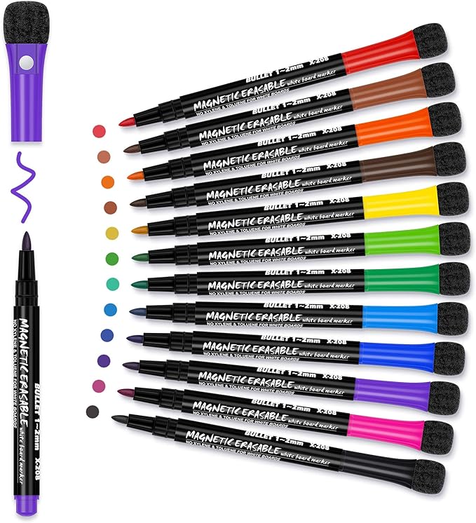 Magnetic Dry Erase Markers Fine: 12 Colors Erasable Whiteboard Markers Fine by ANYUKE