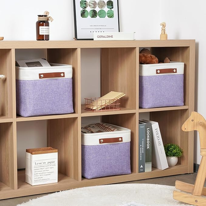 DULLEMELO Storage Baskets for Organizing, Shelves,Bedroom, Decorative Storage Bins with Leather Handles, Fabric Storage Basket for Office, Toys(3-Pack, White&Purple)-DeskLoop Office