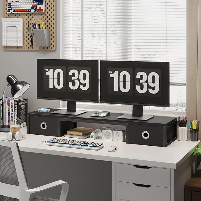 45" Large TV Riser with Fabric Drawers for 32-60 inch TV, TV Stand Riser with Steel Legs, Tabletop TV Riser Shelf, Monitor Stand Riser for Home Office, Black-DeskLoop Office