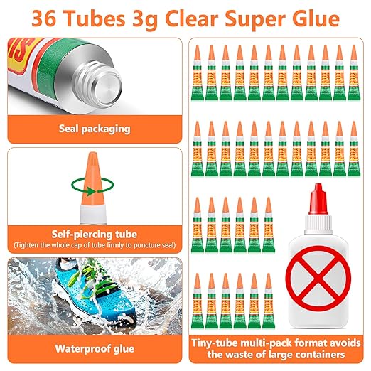 36 x 3g Super Strong Glue for All Purpose, Clear Cyanoacrylate Adhesive Instant Quick Dry Superglue Gel Tubes Bonding Plastic, Metal, Glass, Leather, Wood, Rubber, Jewelry, DIY Crafts Repair-DeskLoop Office