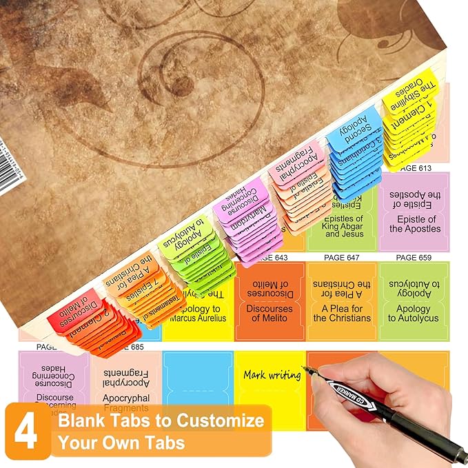 Index Tabs for The Complete 100-Book Apocrypha,2024 Edition 72 Color Coded Laminated Durable Tabs, 68 Books Chapter Tabs, 4 Blank Tabs,1 Placement Guide Card (Book Not Included)-DeskLoop Office
