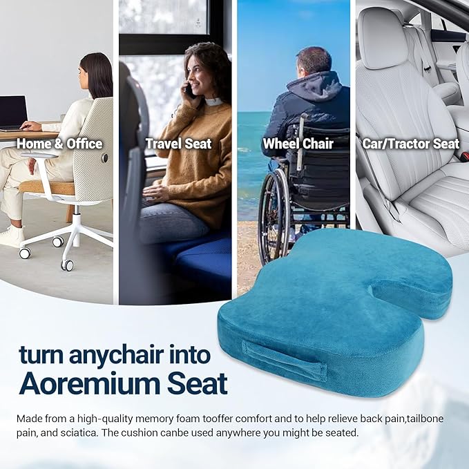 Gel Seat Cushion for Car Office - Memory Foam Pain Relief Chair Pillow Cushions - Tailbone Sciatica Coccyx Butt Lumbar Support Pad for Sitting Driving Traveling, Velvet, Blue-DeskLoop Office