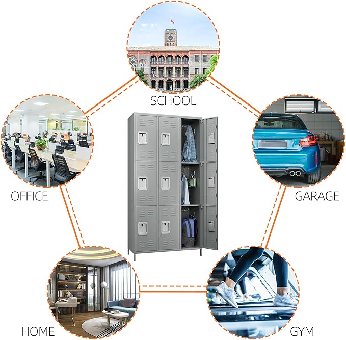 Metal Storage Locker with 9 Doors and 27 Hooks,Metal Lockers for Employees with Lock for School Garage Office Gym,Assembly Required,Light Grey-DeskLoop Office