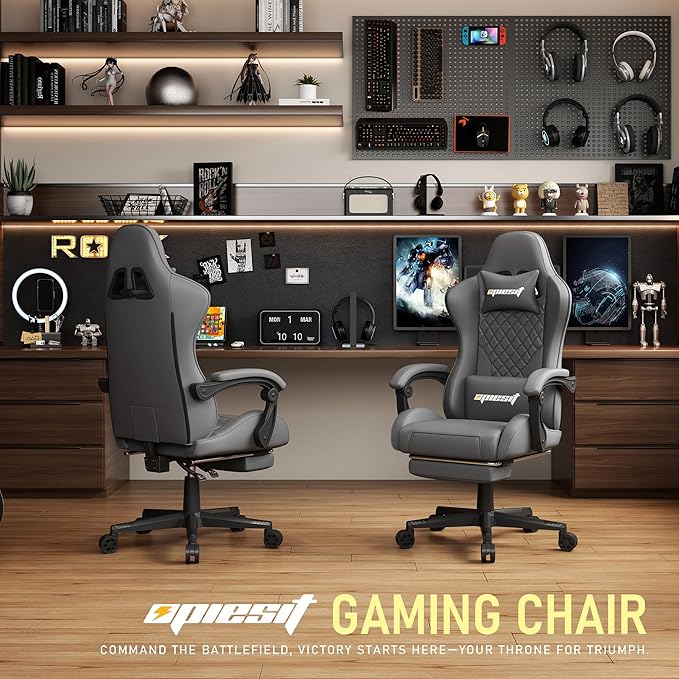 Gaming Chair,Ergonomic Computer Chairs for Adults with Footrest, PU Leather Office Chair with Adjustable Lumbar Support & Pocket Spring Cushion - Heavy Duty 400lb Capacity Gamer Chair (Grey)-DeskLoop Office