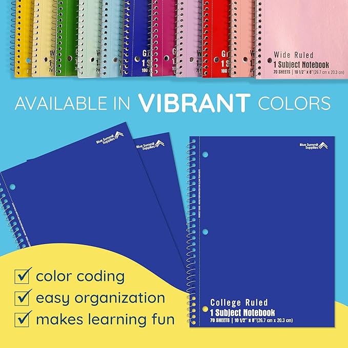 Blue Summit Blue Spiral Notebooks Bulk, One Subject Spiral Notebook College Ruled, Perforated Notebook, 8 x 10.5 for Work and School, Paper, College Ruled, Bulk 48 Pack-DeskLoop Office