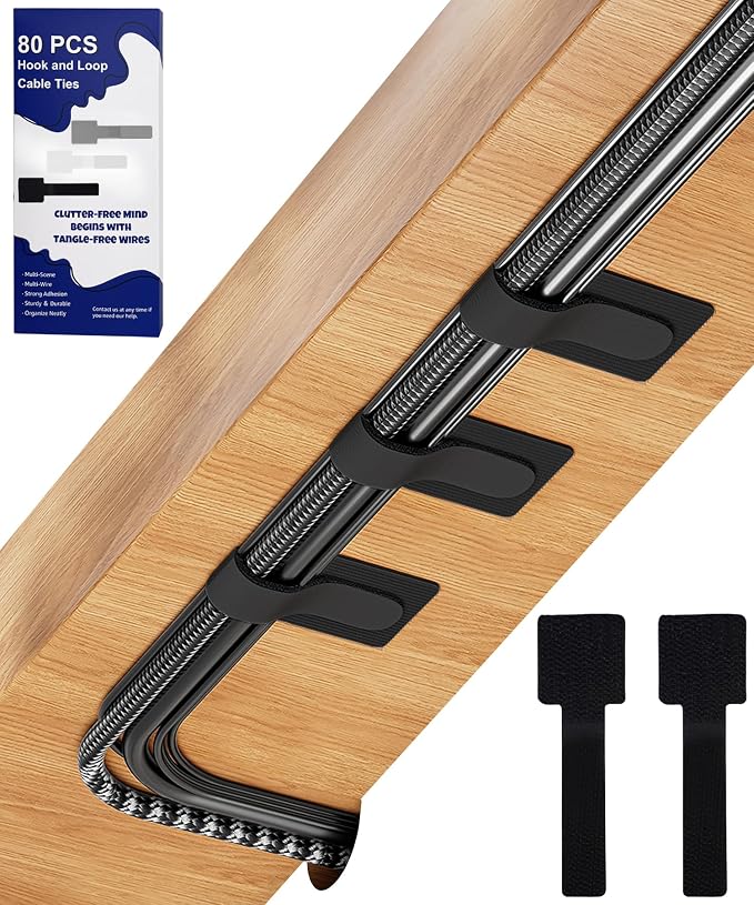 80PCS Hook and Loop Cable Ties, Under Desk Cable Management, Adhesive Cable by BTPIEL