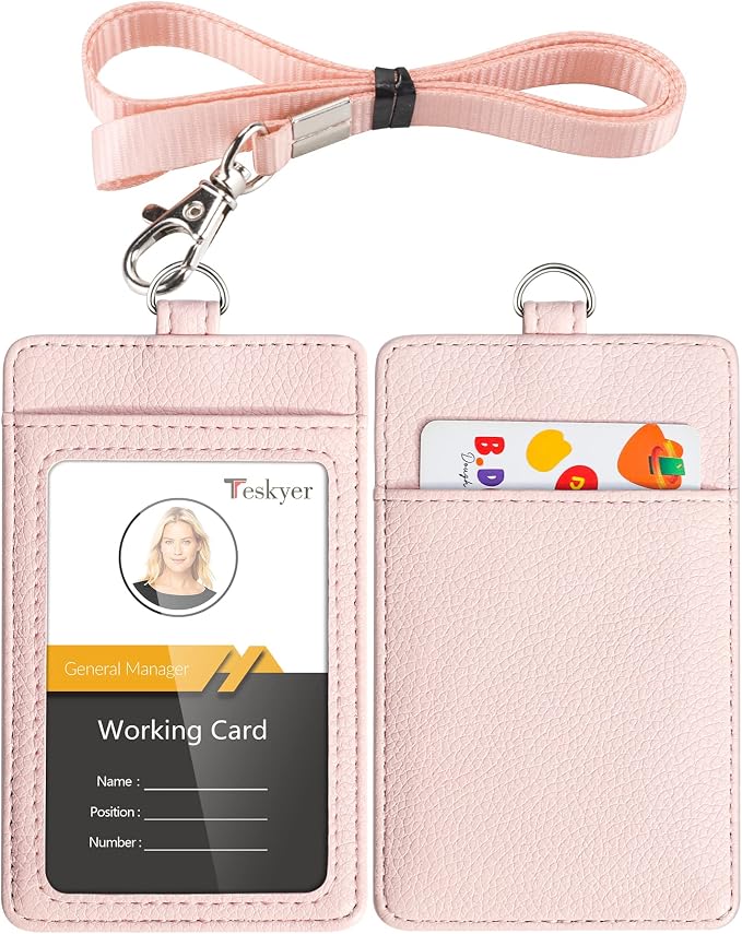 Teskyer Badge Holder with Lanyard, Leather ID Name Badge Card Holder with by TESKYER