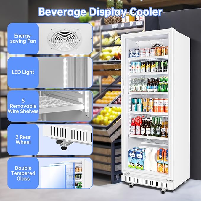 Commercial Beverage Refrigerator, 24.5 Inch 15 Cu. Ft. Drink Fridge, Display Refrigerator with Glass Door, Commercial Display Fridge with 5 Adjustable Shelves, for Shops, Restaurants, Bars-DeskLoop Office