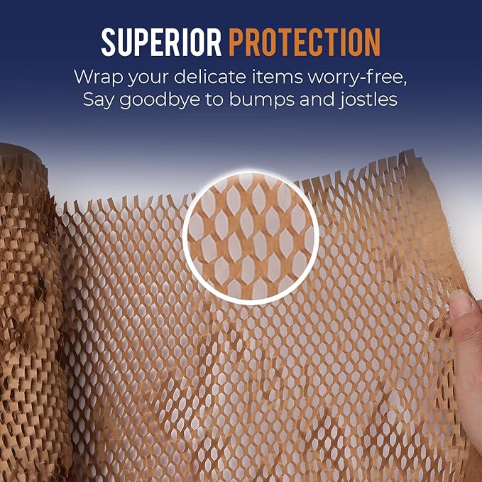 Honeycomb Packing Paper 15" x 300ft with Rope & 20 Fragile Stickers|Shipping & Moving Supplies|Small Business Packaging Supplies|Eco Friendly Bubble Wrap Packing Boxes for Moving Certified FSC C204227