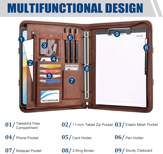 Padfolio Portfolio Binder with Handle, 3-Ring Folder Organizer, Vegan Leather - Image 4