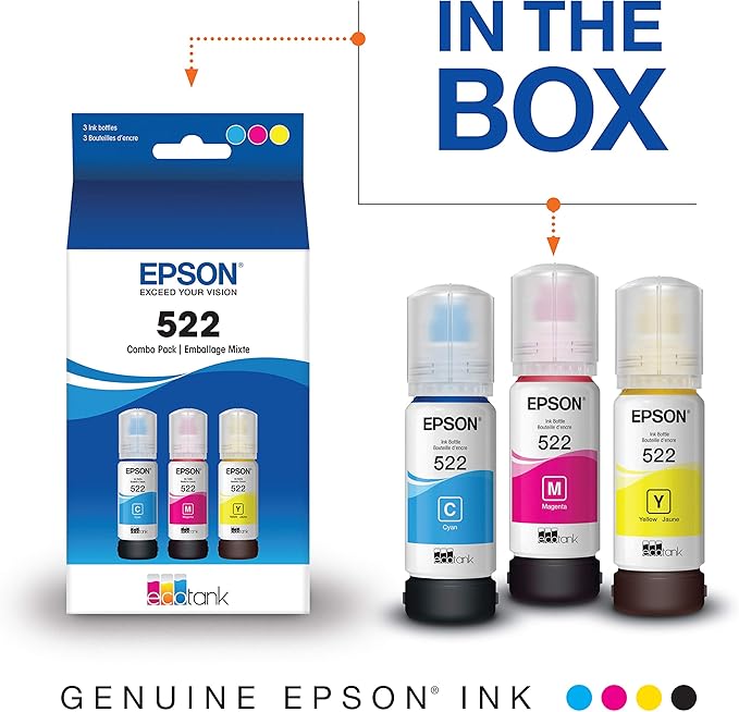 Epson EcoTank Pro ET-5850 Wireless Color All-in-One Supertank Printer, White & T522 EcoTank Ink Ultra-high Capacity Bottle Color Combo Pack (T522520-S)-DeskLoop Office