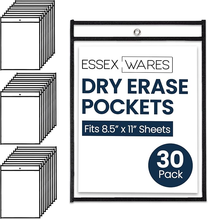 Essex Wares - 30 Pack, Dry Erase Pocket Document Protectors, Water-Resistant & by EssexWares