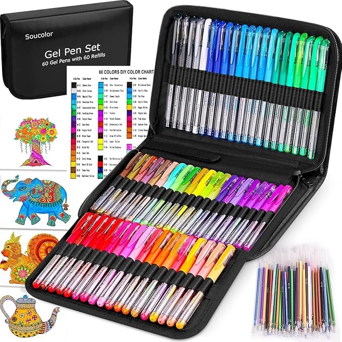 Soucolor Gel Pens for Adult Coloring Books, Deluxe 120 Pack-60 Colored Gel Pens, 60 Refills and Travel Case, with 40% More Ink Gel Art Markers Set for Drawing Journaling Scrapbooking Art Kit Supplies-DeskLoop Office